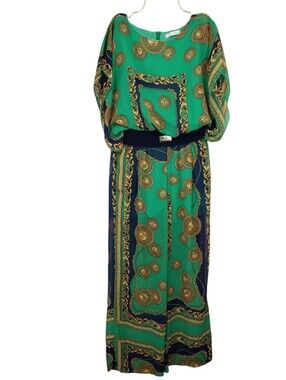 Vintage Green Baroque Scarf Print Blouson Wide Leg Jumpsuit